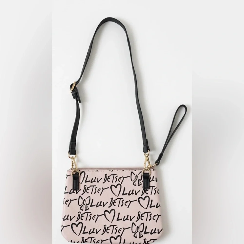 Betsey Johnson Black and Pink Script Clutch | Shoulder Bag